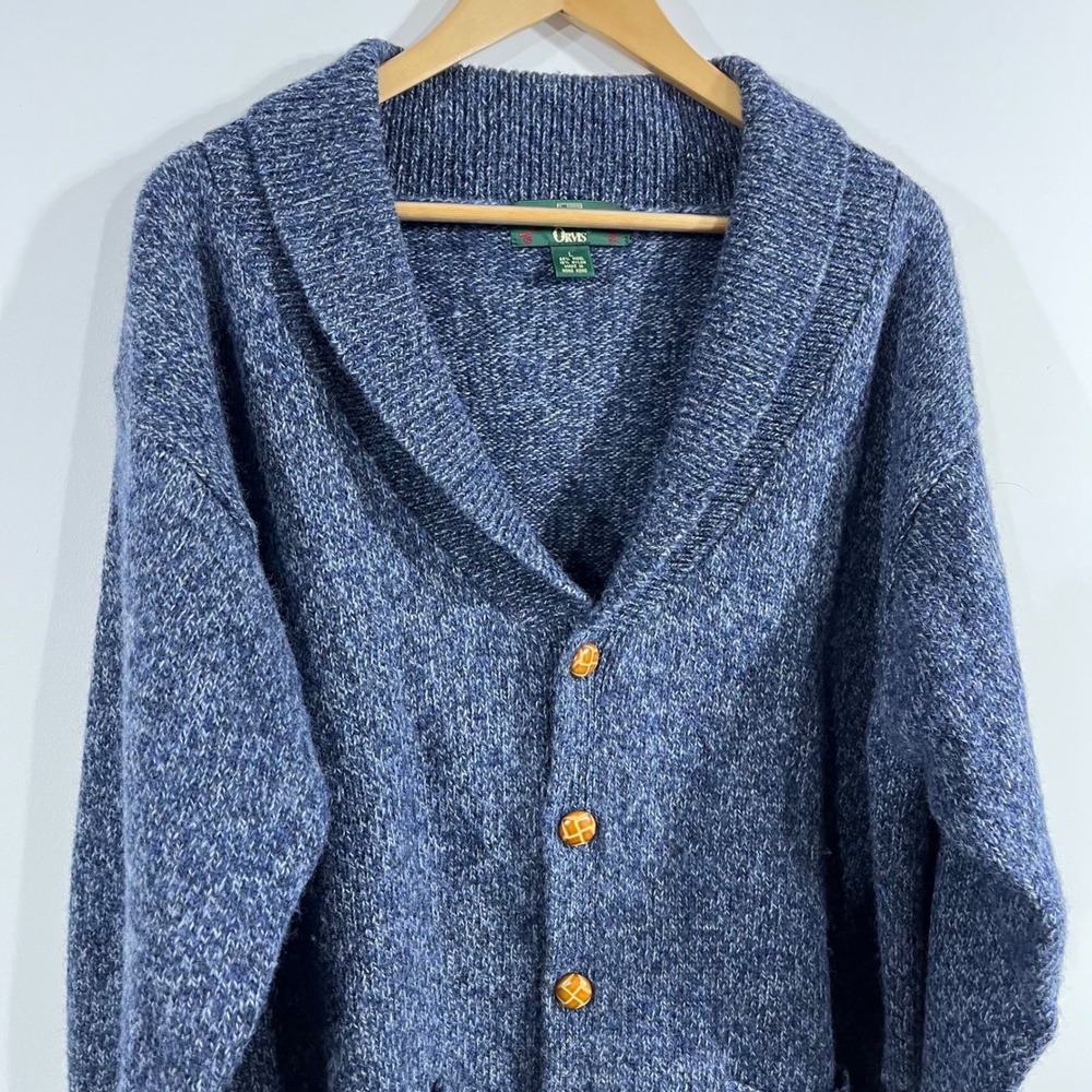 Orvis Vintage 90s Shawl Collar Knit Cardigan Sweater Blue Wool Blend Mens Large